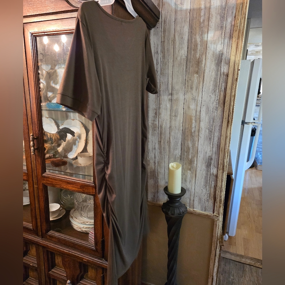 Simple Scoop Neck Cotton Midi Dress - Olive Green (L)